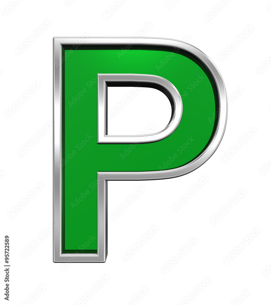 One letter from green glass with chrome frame alphabet set, isolated on white. Computer generated 3D photo rendering. One letter from green glass with chrome frame alphabet set, isolated on white. Computer generated 3D photo rendering.