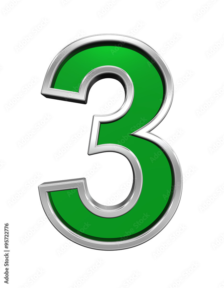 Naklejka premium One digit from green glass with chrome frame alphabet set, isolated on white. Computer generated 3D photo rendering.