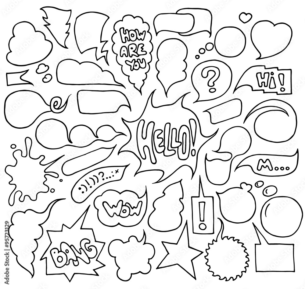 Big set of speech and think bubbles. Doodle cartoon comic bubbles isolated on white background.Hand-drawn vector organized in groups for easy editing.