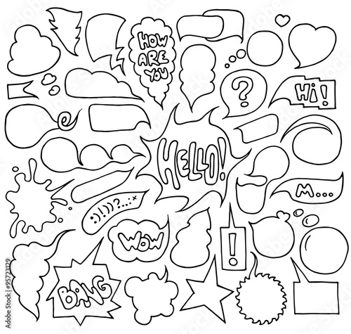 Big set of speech and think bubbles. Doodle cartoon comic bubbles isolated on white background.Hand-drawn vector organized in groups for easy editing.