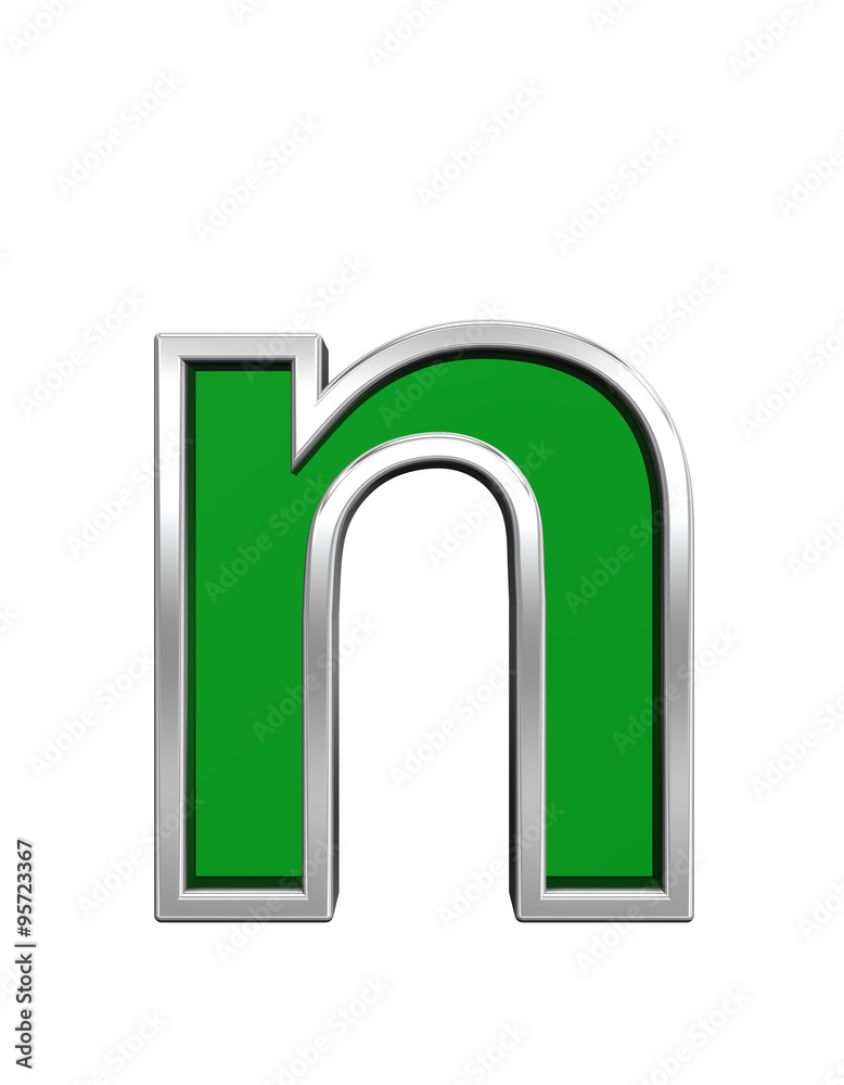 One lower case letter from green glass with chrome frame alphabet set, isolated on white. Computer generated 3D photo rendering. One lower case letter from green glass with chrome frame alphabet set, isolated on white. Computer generated 3D photo rendering.