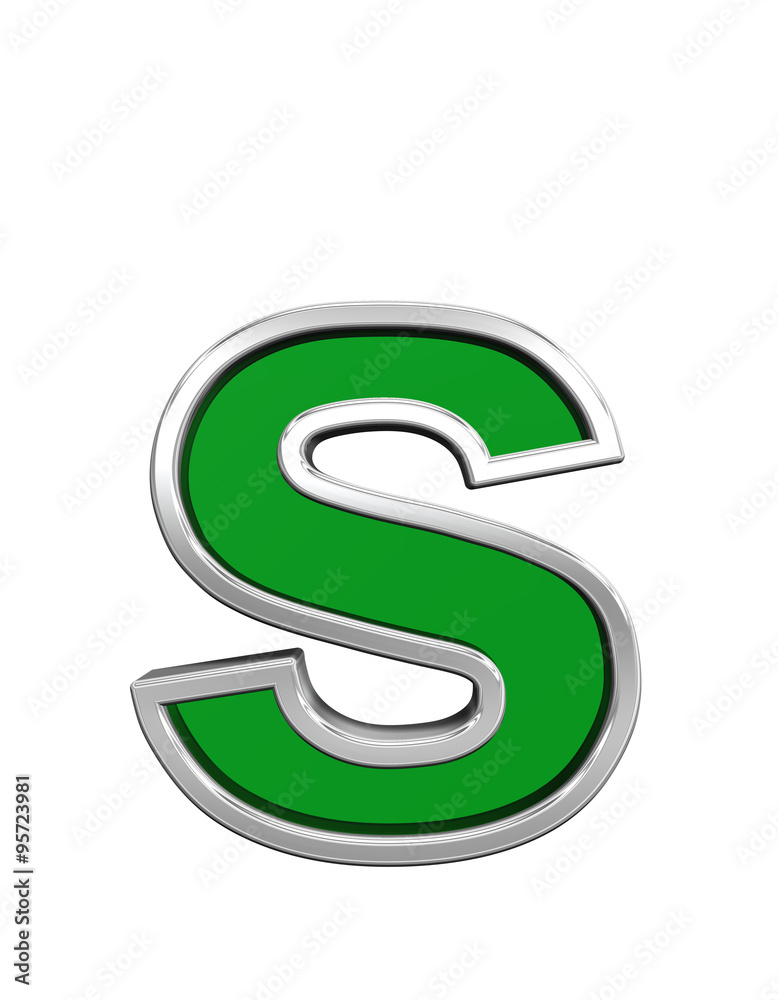 One lower case letter from green glass with chrome frame alphabet set, isolated on white. Computer generated 3D photo rendering.