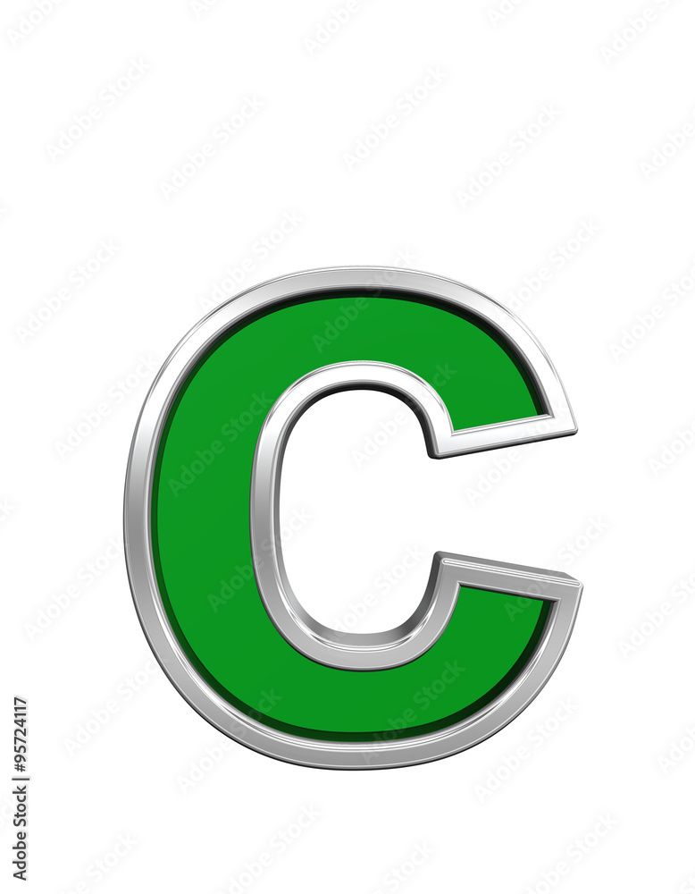One lower case letter from green glass with chrome frame alphabet set, isolated on white. Computer generated 3D photo rendering. One lower case letter from green glass with chrome frame alphabet set, isolated on white. Computer generated 3D photo rendering.
