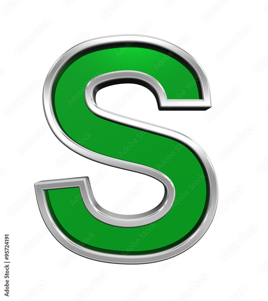One letter from green glass with chrome frame alphabet set, isolated on white. Computer generated 3D photo rendering. One letter from green glass with chrome frame alphabet set, isolated on white. Computer generated 3D photo rendering.