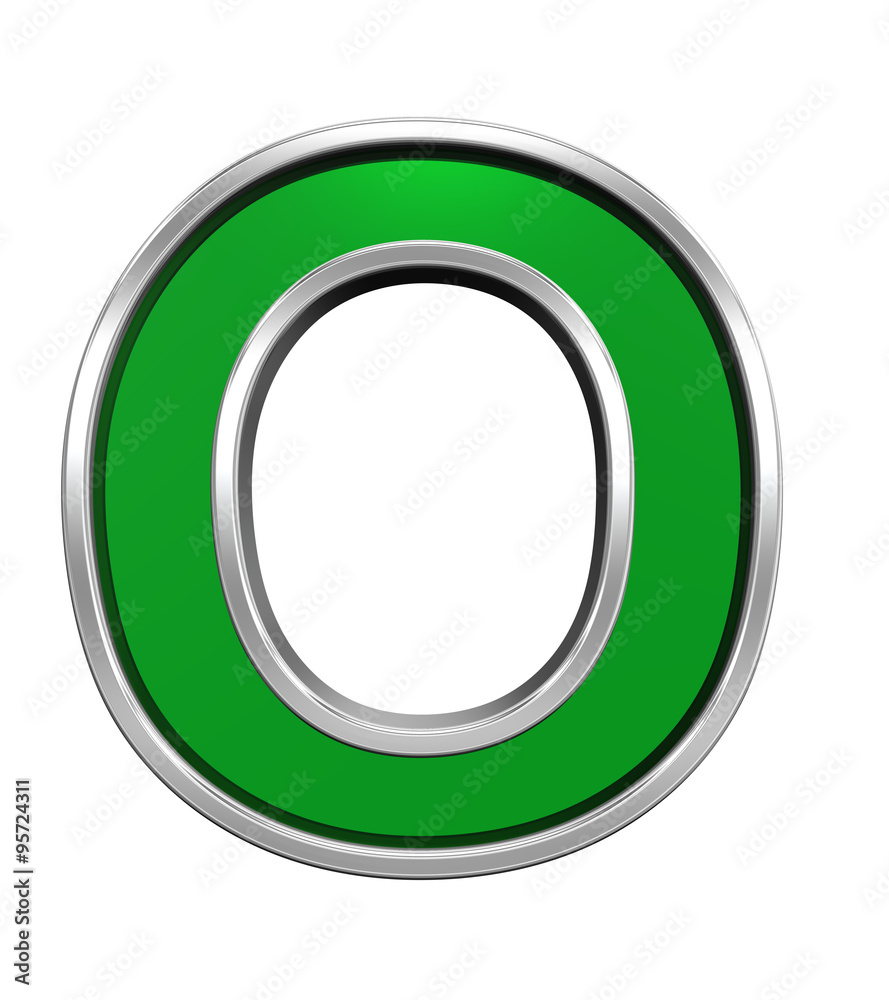 One letter from green glass with chrome frame alphabet set, isolated on white. Computer generated 3D photo rendering. One letter from green glass with chrome frame alphabet set, isolated on white. Computer generated 3D photo rendering.