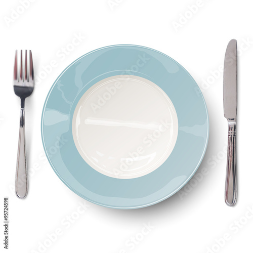 Empty plate in blue design with knife and fork isolated