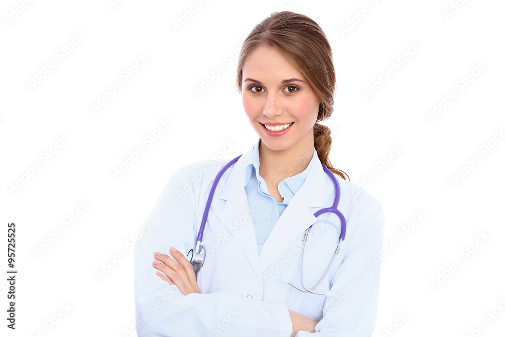 Friendly smiling young female doctor, isolated over white background Friendly smiling young female doctor, isolated over white background