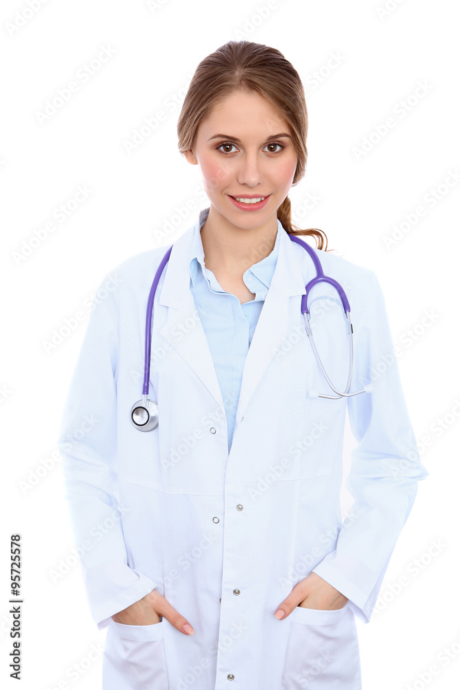 Friendly smiling young female doctor, isolated over white background Friendly smiling young female doctor, isolated over white background