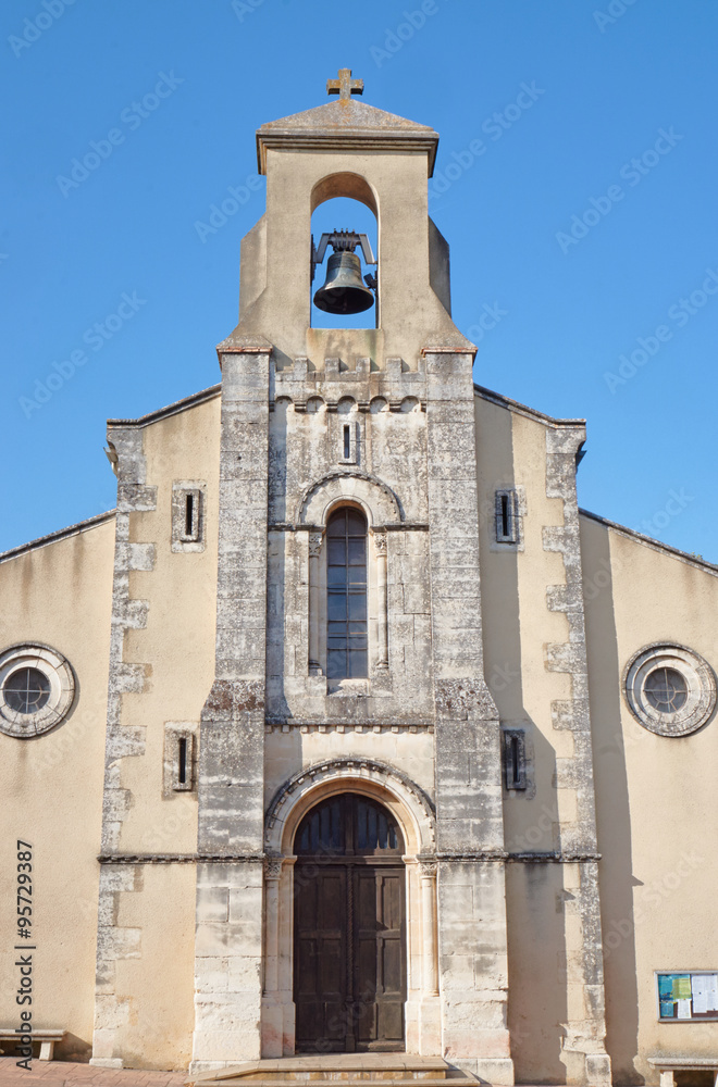 The facade of a medieval church in Rochemaure, France.
