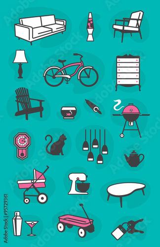 Set of Retro Home Icons of common household items including furniture and fixtures. Fully scalable and editable.