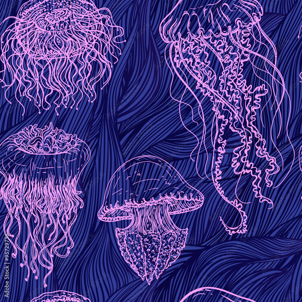 Fototapeta premium Vintage seamless pattern with collection of jellyfish. Hand drawn vector illustration of marine fauna in line art style.Design for summer beach, decorations.