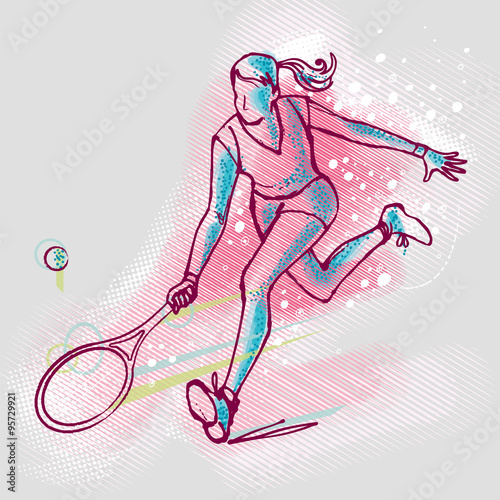 Illustration of a female tennis player on a graphic background
