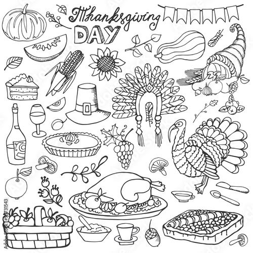 Thanksgiving day doodle icons.Linear set
