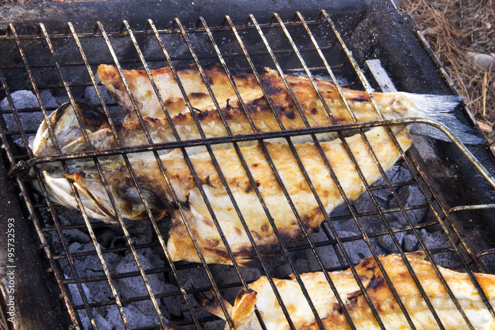 grilled perch fish on a barbecue in picnic