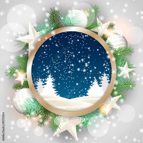 christmas motive, abstract winter landscape in rounded decorative frame, illustration