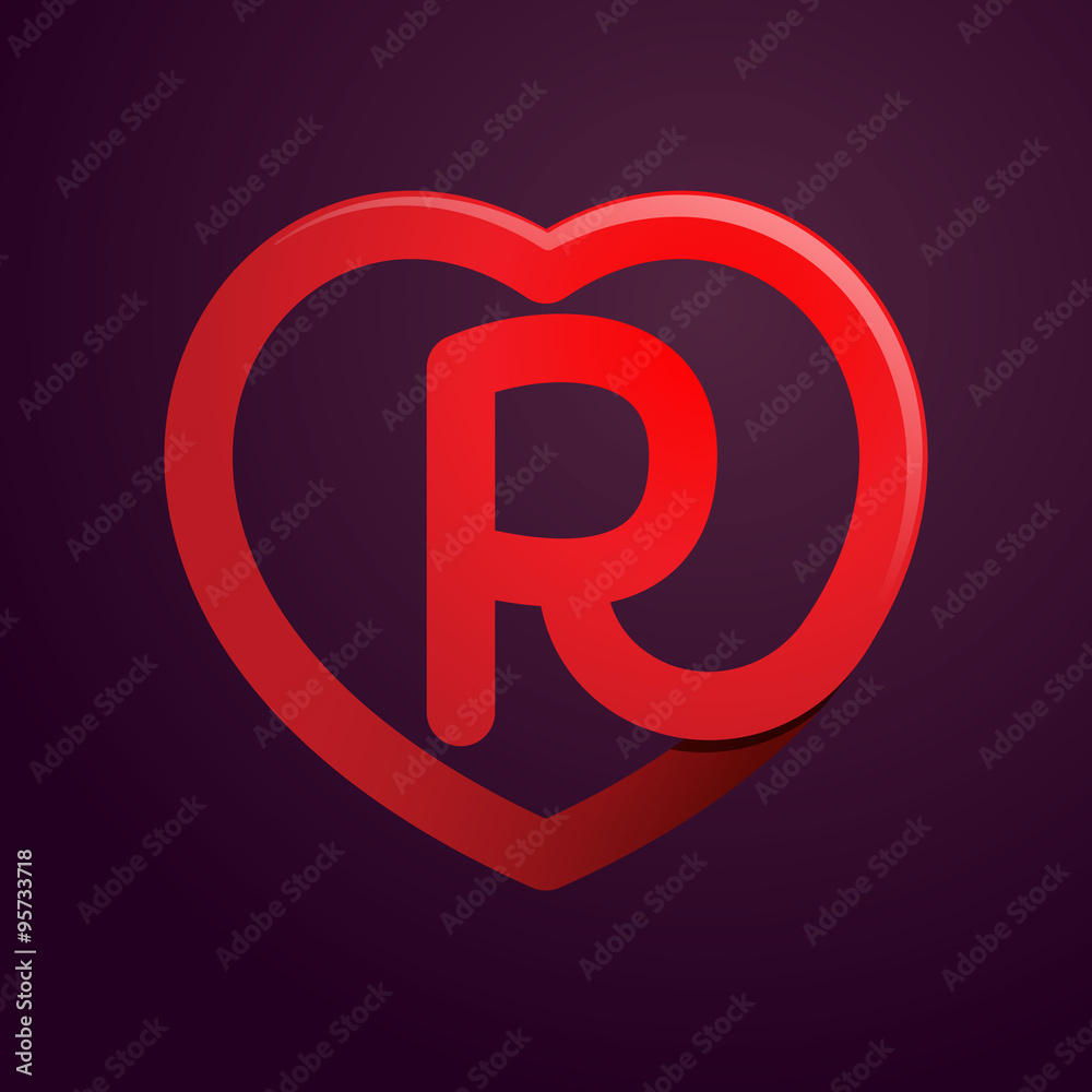 R letter with red heart. R letter with red heart.