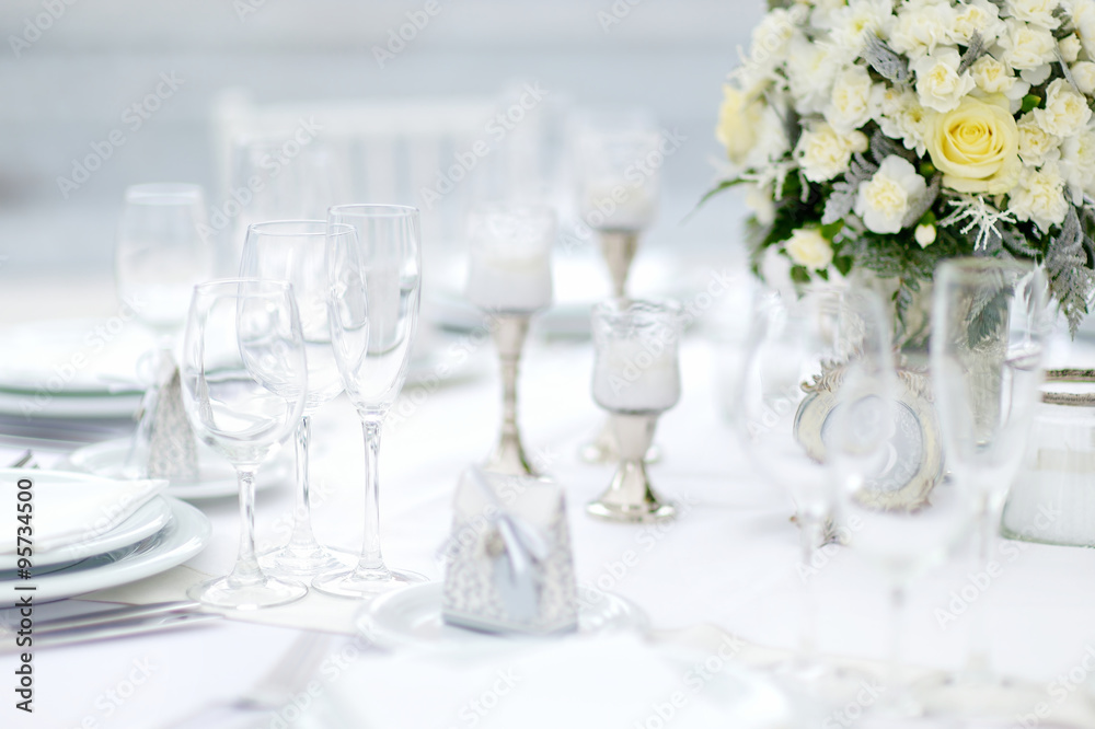 Table set for an event party or wedding reception Table set for an event party or wedding reception