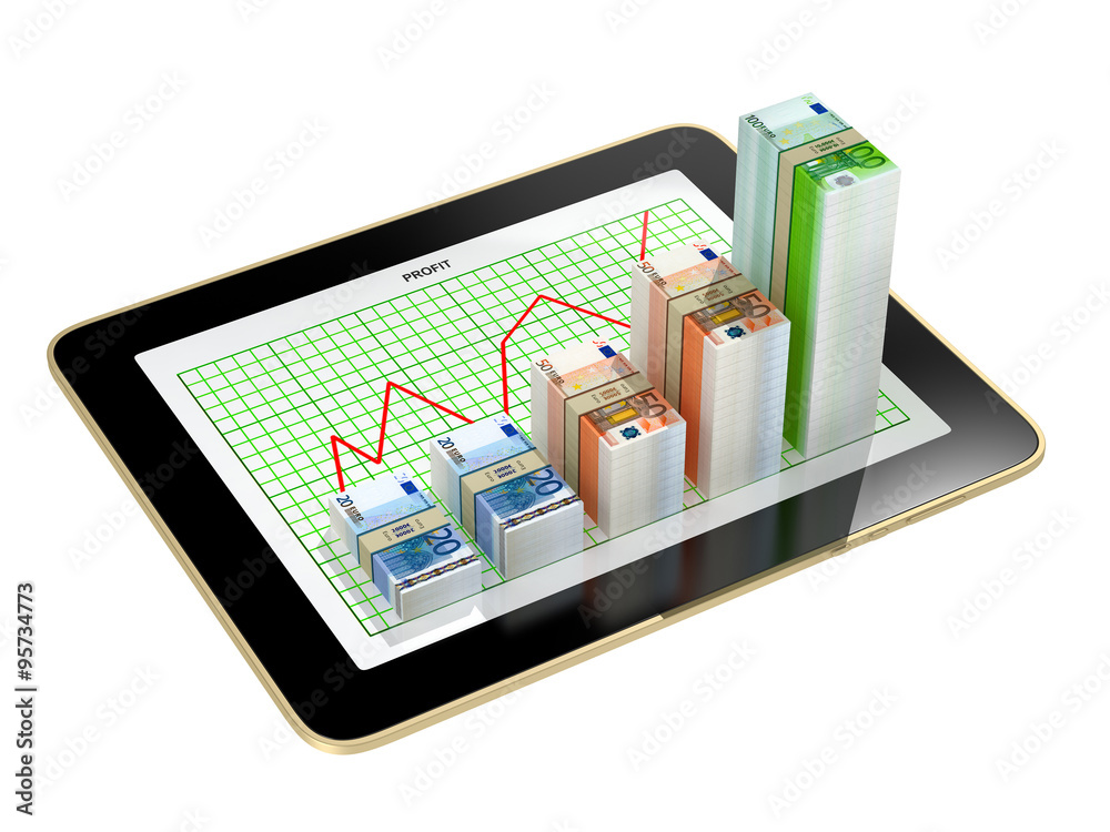 tablet - money bar graphs showing profit grow tablet - money bar graphs showing profit grow