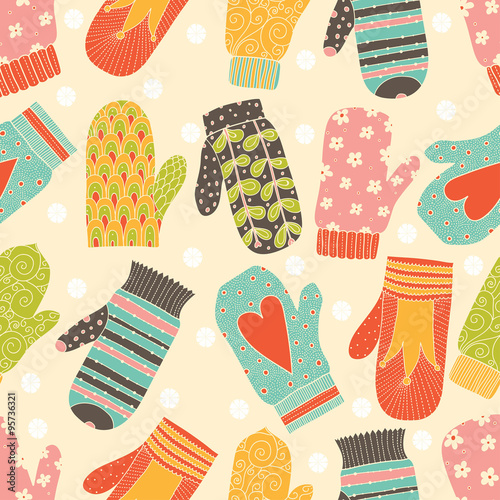 Seamless vector Christmas pattern with mittens and snowflakes. Seamless pattern can be used for wallpaper, pattern fills, web page background, surface textures.