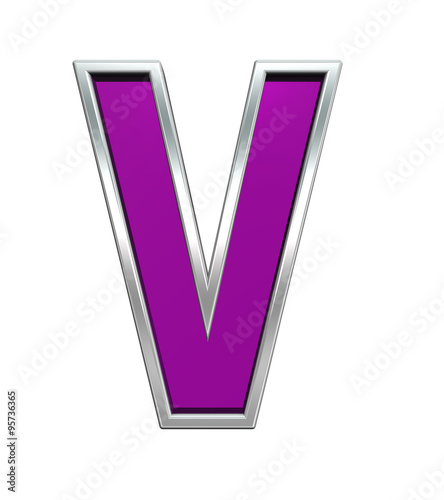 One letter from purple glass with chrome frame alphabet set, isolated on white. Computer generated 3D photo rendering.