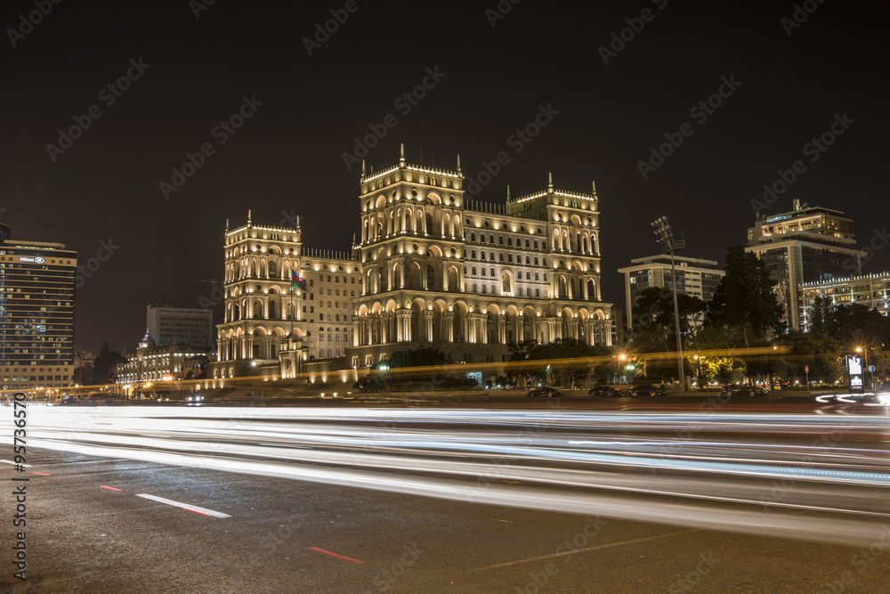 Baku government house night view with traffi lights