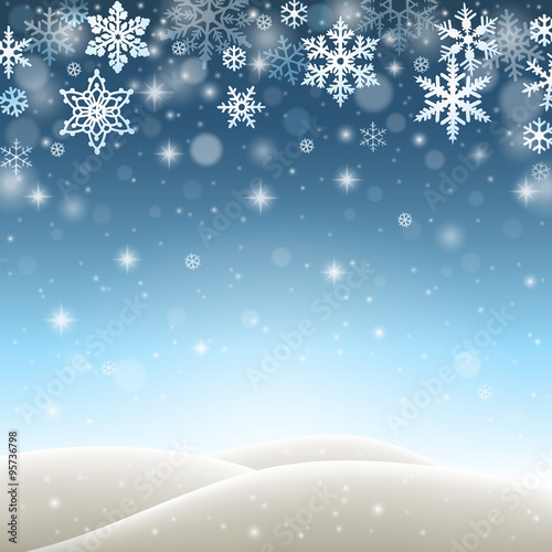 Winter landscape with falling snowflakes, snow and hills