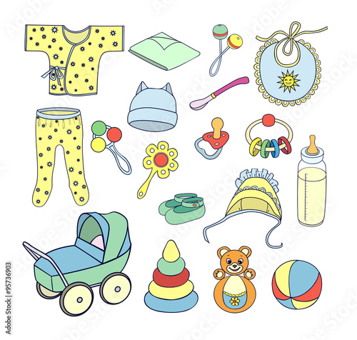 things and toys for babies icons set