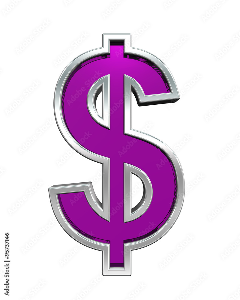 Dollar sign from purple glass with chrome frame alphabet set, isolated on white. Computer generated 3D photo rendering. Dollar sign from purple glass with chrome frame alphabet set, isolated on white. Computer generated 3D photo rendering.