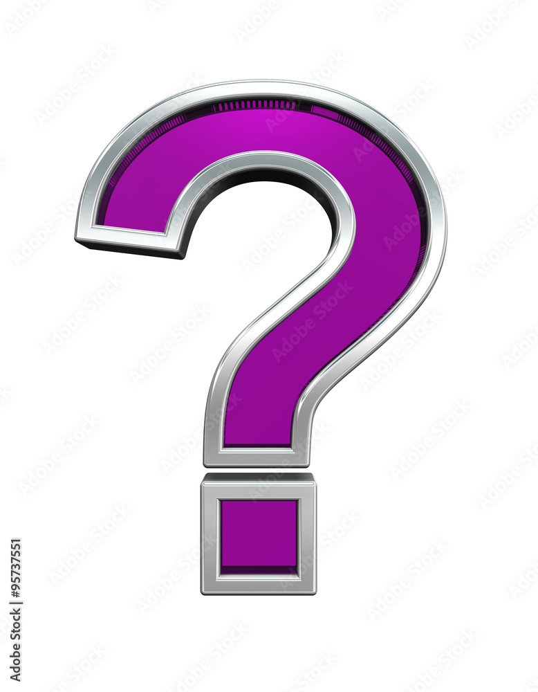 Question mark sign from purple glass with chrome frame alphabet set, isolated on white. Computer generated 3D photo rendering. Question mark sign from purple glass with chrome frame alphabet set, isolated on white. Computer generated 3D photo rendering.