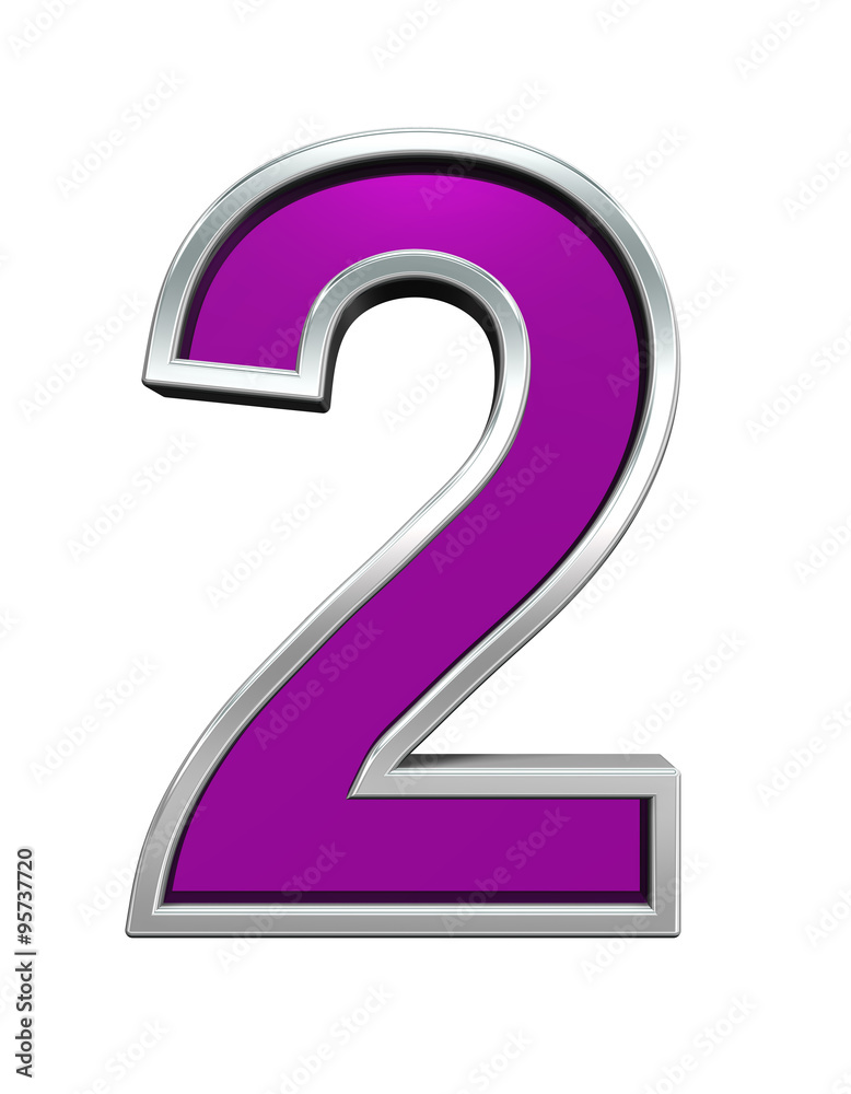 One digit from purple glass with chrome frame alphabet set, isolated on white. Computer generated 3D photo rendering.