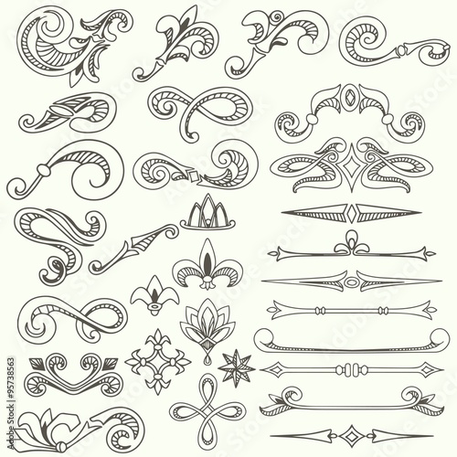 Collection of vintage hand drawn decorative elements and page dividers for design