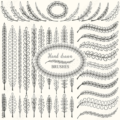 Hand drawn floral pattern borders and floral design elements set. Pattern and art brush templates. Vector illustration.
