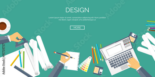 Vector illustration. Flat architectural project. Teamwork. Building and planning. Construction. Pencil, hand. Architecture ,design