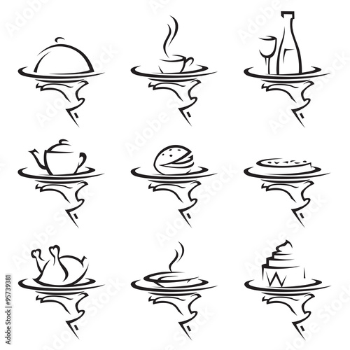 set of nine restaurants icons with tray in hand