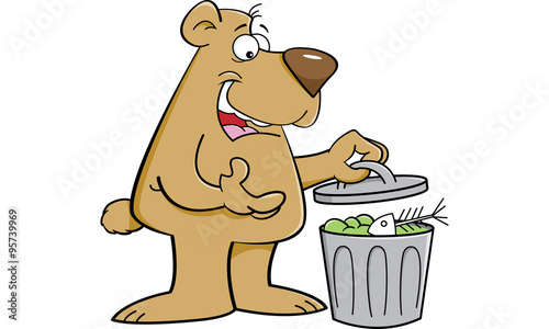 Cartoon illustration of a bear looking in a garbage can.