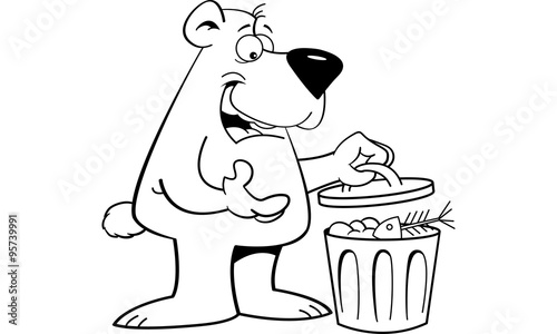 Black and white illustration of a bear looking in a garbage can.