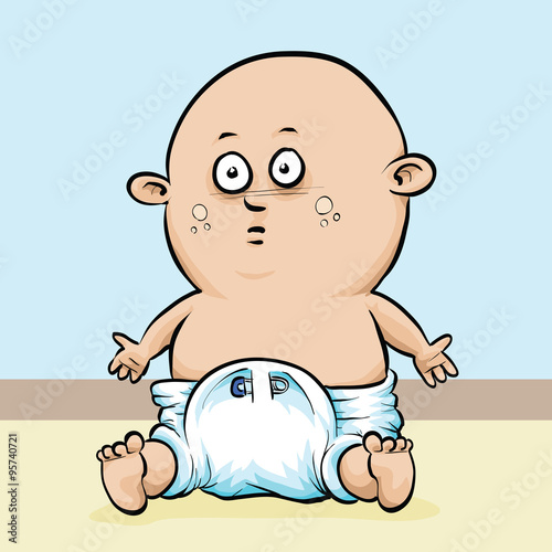 A cartoon baby sitting in a diaper with a startled expression on his face.