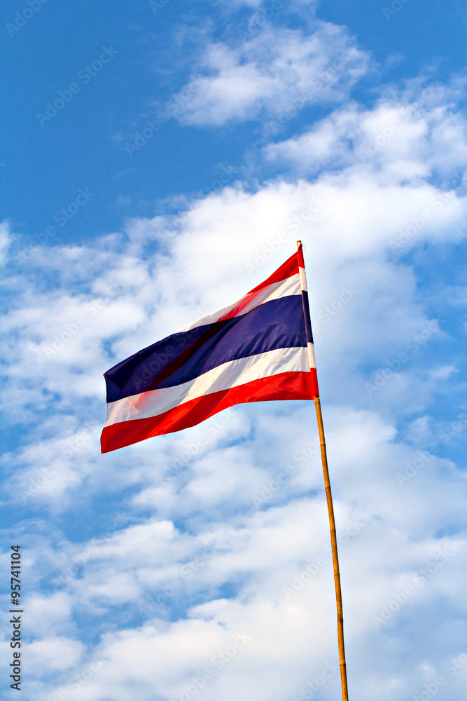 Thai nation flag on wooden pole Thai nation flag on wooden pole