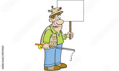 Cartoon illustration of a fisherman holding a fishing rod and a sign.