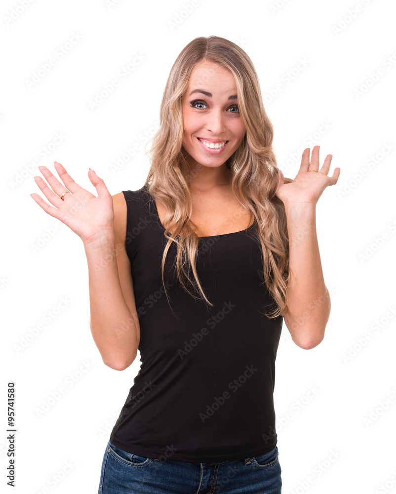 Closeup portrait of surprised young lady isolated on white with copyspace Closeup portrait of surprised young lady isolated on white with copyspace