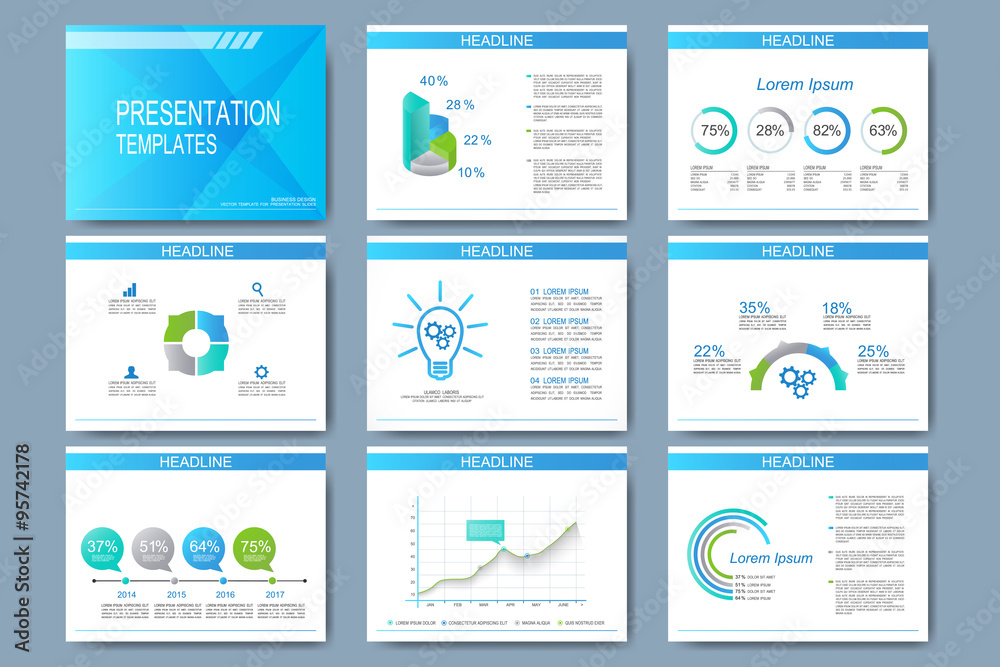 Blue set of vector templates for presentation slides. Modern business design with graph and charts