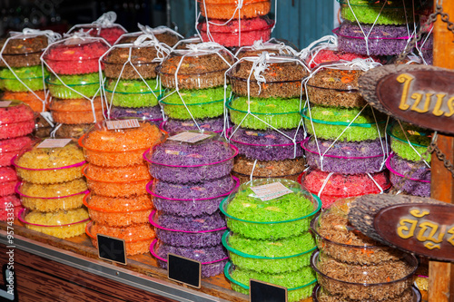 Colorful rice noodles on a Thai market photo