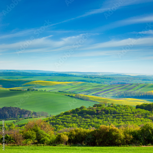 fresh Landscape of fields in countryside - different colors of