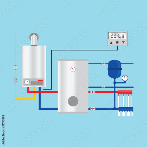 Energy efficient heating system with thermostat. Vector.