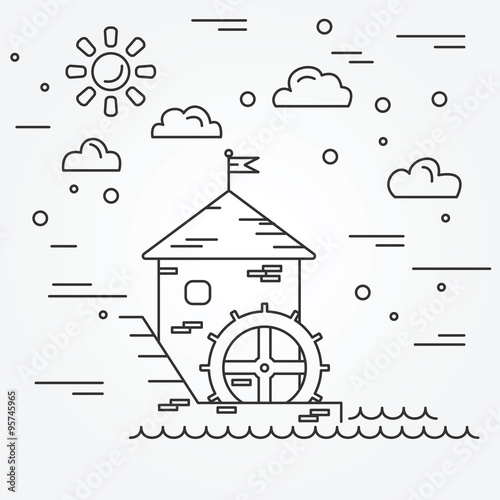 Water mill. Vector.