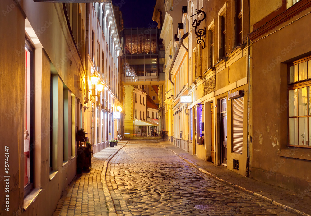 Riga. Old street at night.
