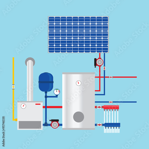Gas boiler and solar panels. Eco-house. Vector.