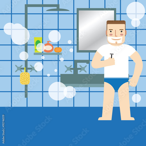 Man shaving in the bathroom. Vector.