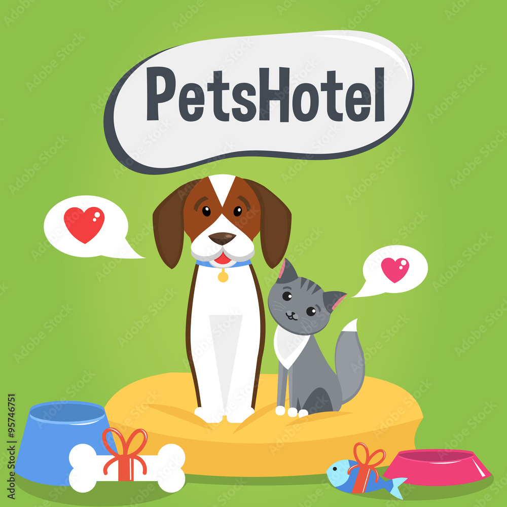 Vector illustration. Pets hotel poster design. Cat and dog.
