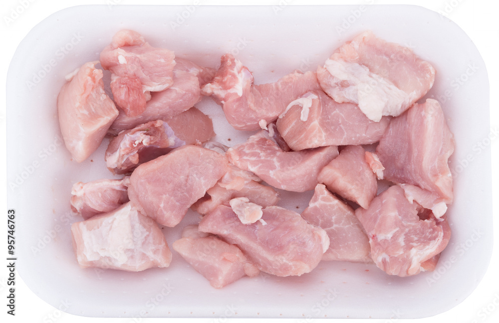 fresh sliced meat in white tray. isolated on white background wi fresh sliced meat in white tray. isolated on white background wi